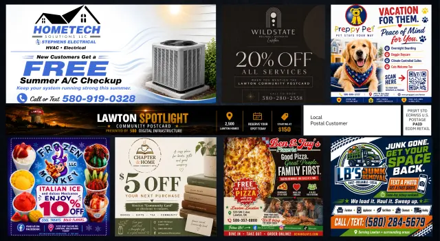 Indicia side of the first edition Lawton Community Spotlight postcard