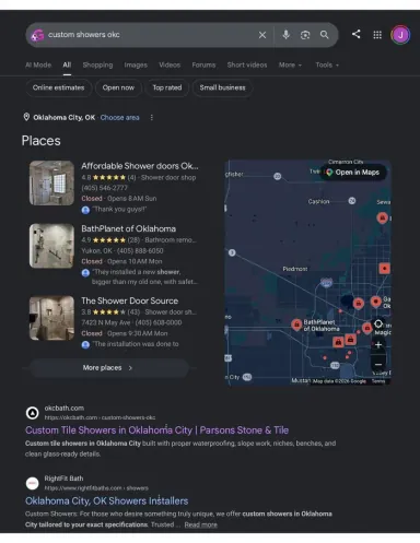 Recorded Google search result showing Parsons Stone and Tile for custom showers OKC
