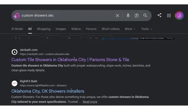 Google Search showing Parsons Stone and Tile ranking #1 for custom showers OKC