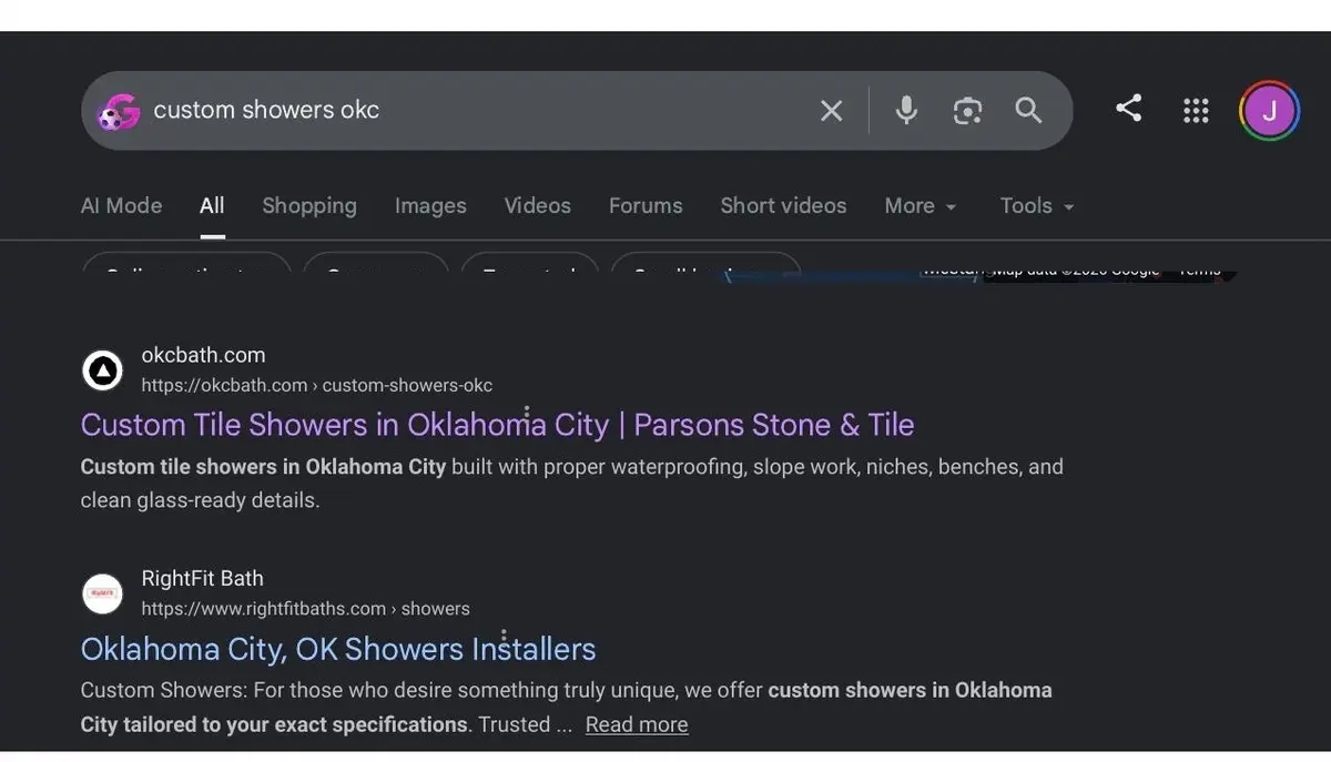Google Search showing Parsons Stone and Tile ranking #1 for custom showers OKC