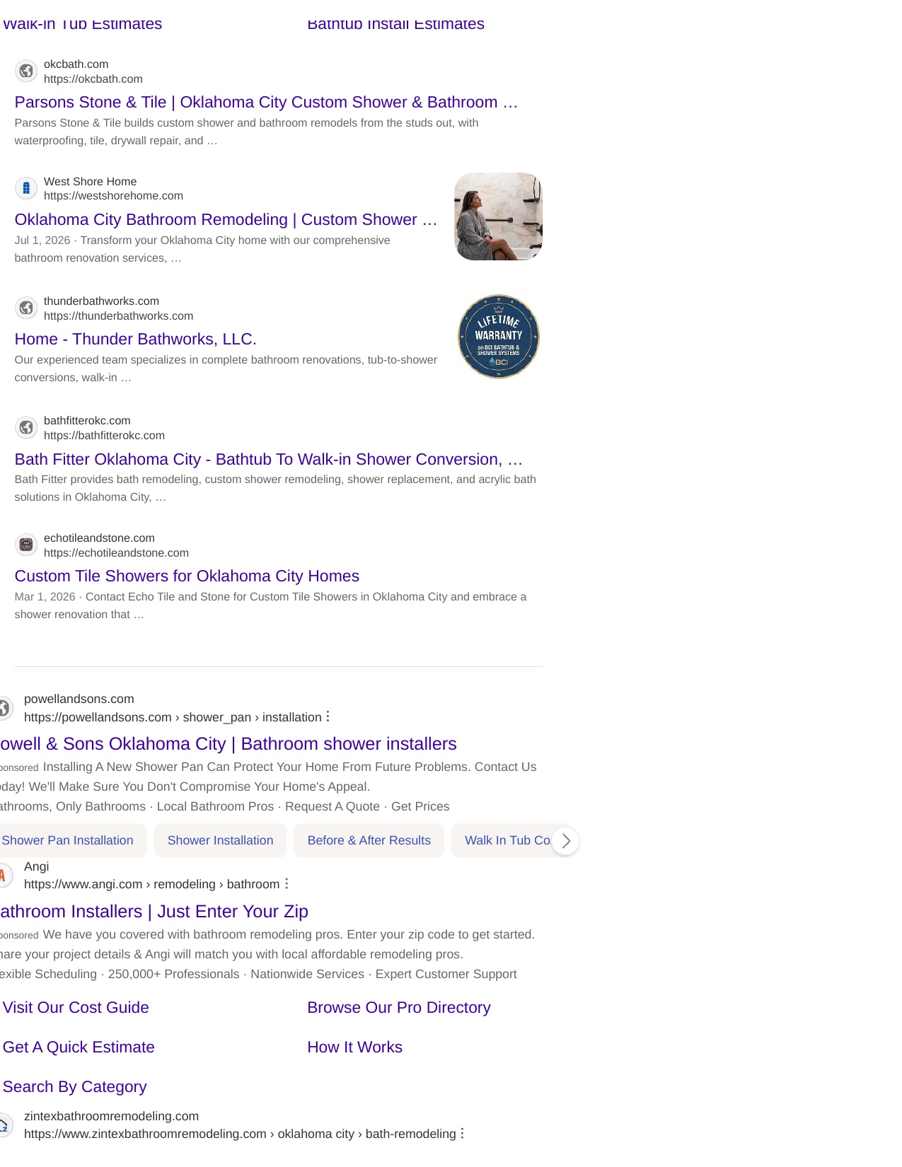 Recorded Bing result for custom shower OKC