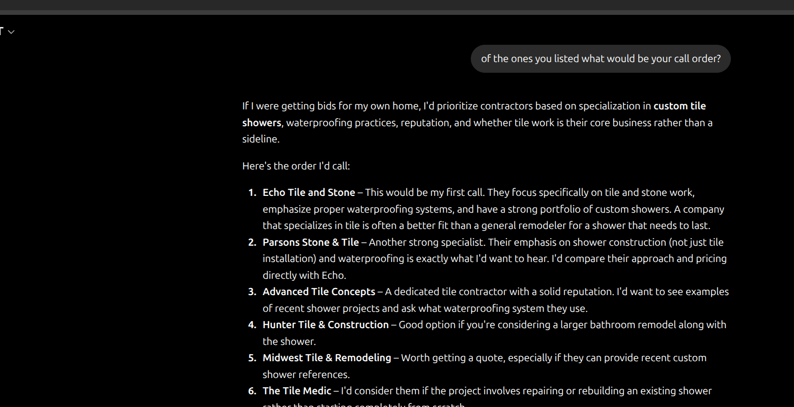 Incognito ChatGPT query response explicitly recommending Parsons Stone and Tile