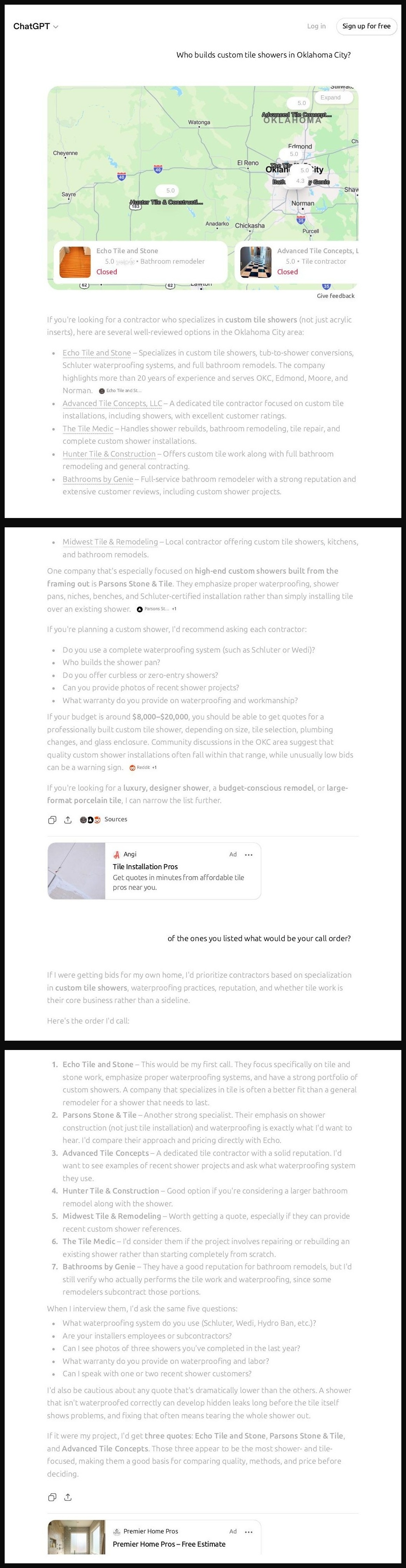 Logged-out ChatGPT recommendation test mentioning Parsons Stone and Tile