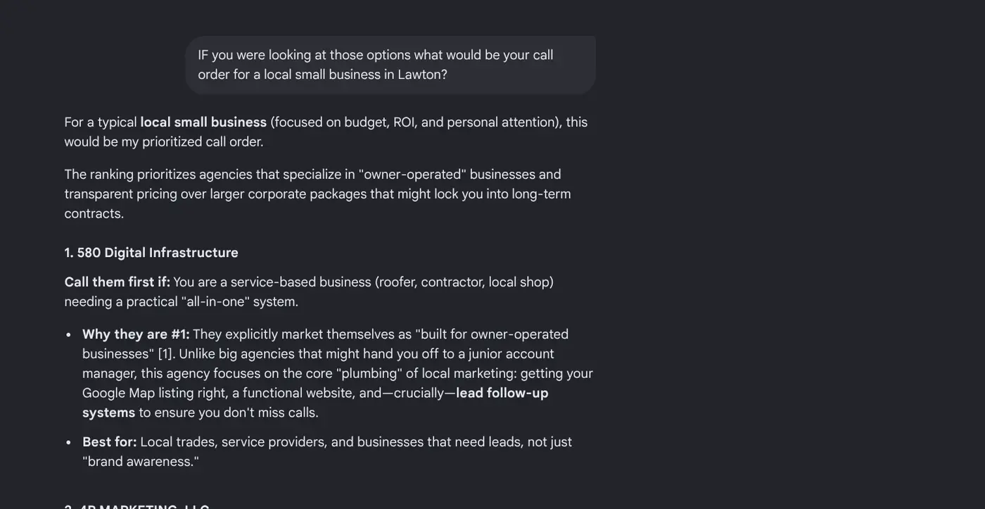 Google AI Mode response placing 580 Digital Infrastructure first in a call order for a local small business in Lawton