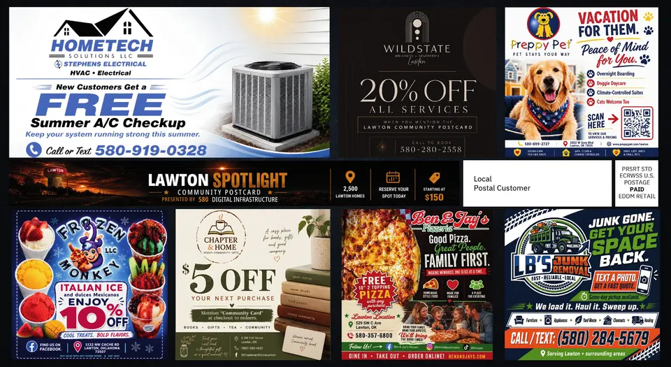 The August Lawton Spotlight, back of postcard. Tap an ad to open its Spotlight page.