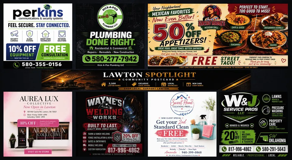 The August Lawton Spotlight, front of postcard. Tap an ad to open its Spotlight page.