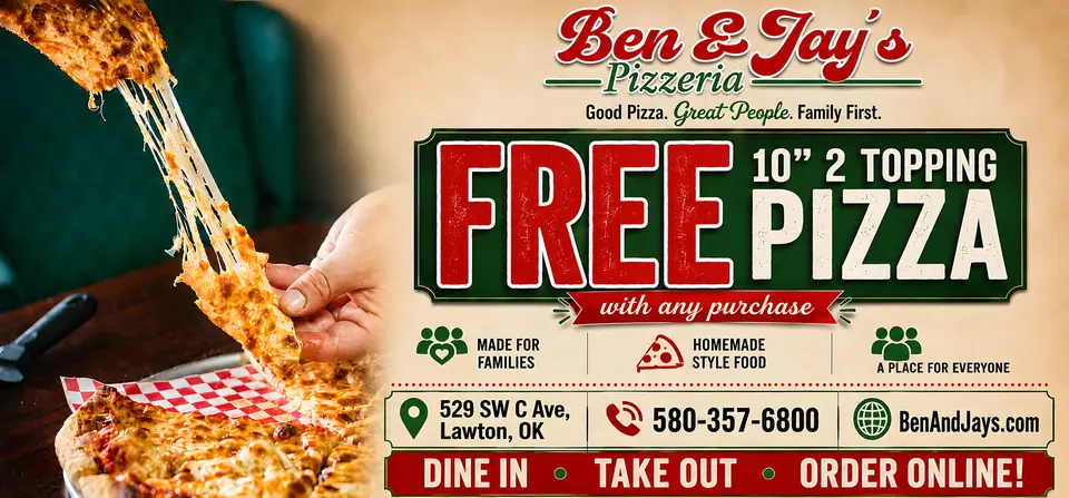 Ben & Jay's Pizzeria advertisement as printed in the September 2026 Lawton Spotlight