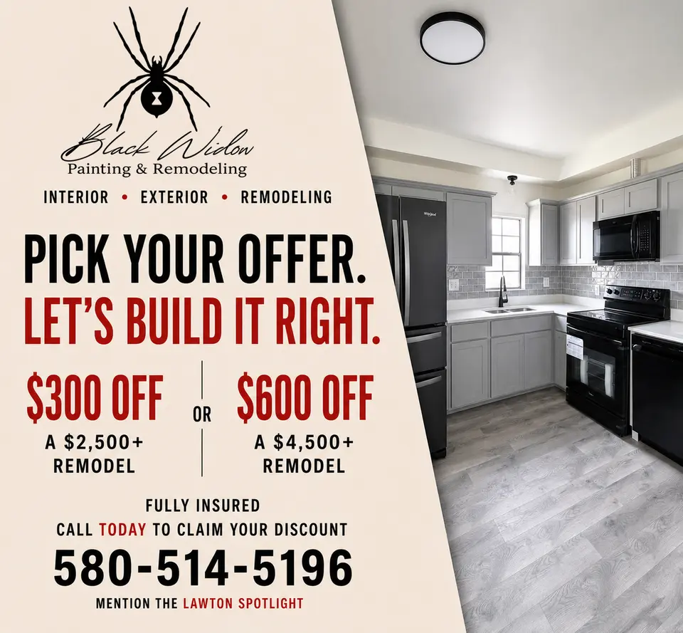 Black Widow Painting & Remodeling advertisement as printed in the September 2026 Lawton Spotlight