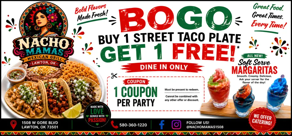 Nacho Mama's Mexican Grill advertisement as printed in the September 2026 Lawton Spotlight
