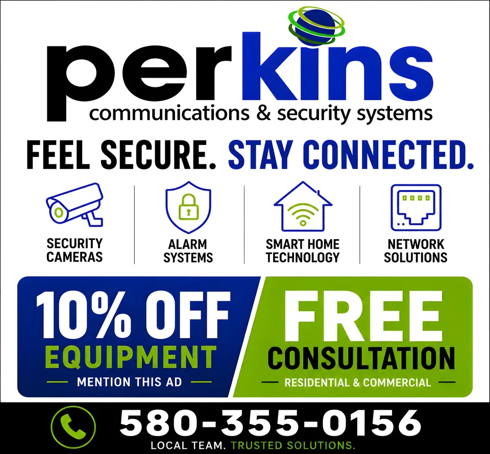 Perkins Communication Systems advertisement as printed in the September 2026 Lawton Spotlight